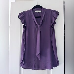 LOFT Lavender Ruffle Tie-Neck Blouse